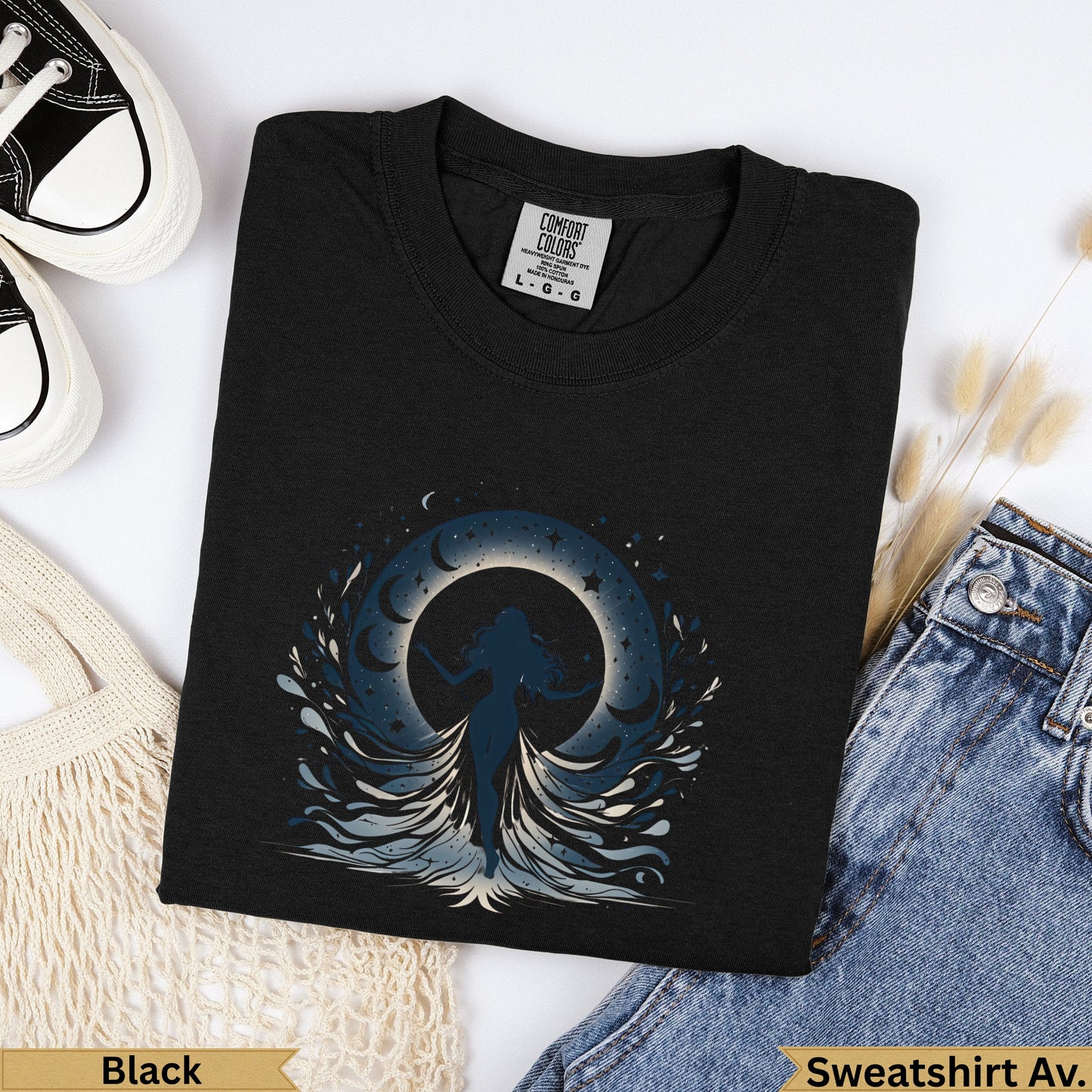 Black Comfort Colors t-shirt with moon and female silhouette graphic.