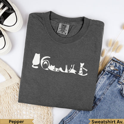 Dark grey Comfort Colors sweatshirt with white cat graphic and "Pepper" text.