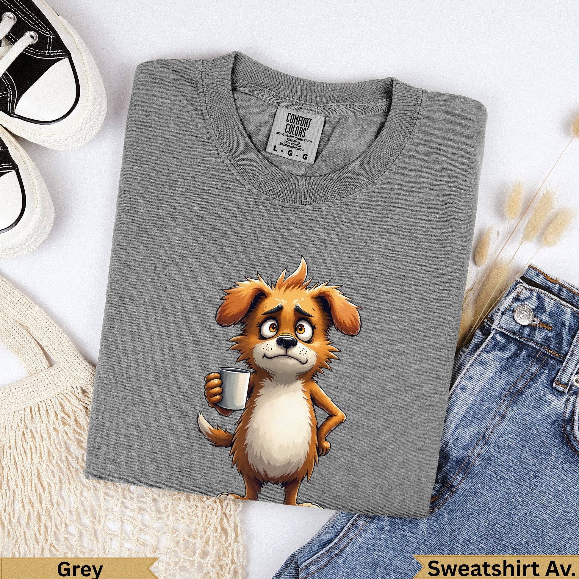 Grey Comfort Colors sweatshirt with cartoon dog holding coffee cup.