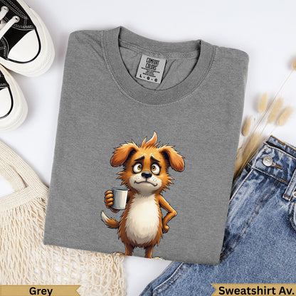 Grey Comfort Colors sweatshirt with cartoon dog holding coffee cup.