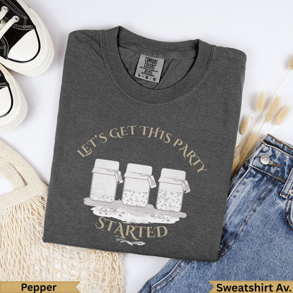 Dark gray Comfort Colors t-shirt with "Let's Get This Party Started" graphic.