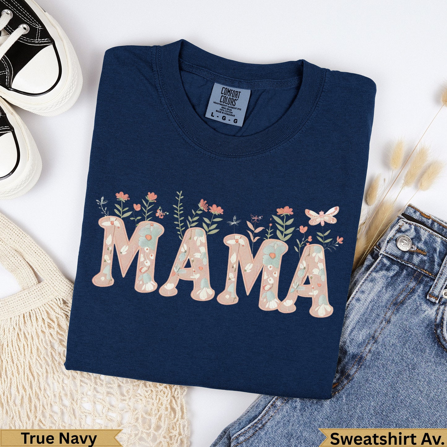 Navy blue "MAMA" sweatshirt with floral accents, shown flat.