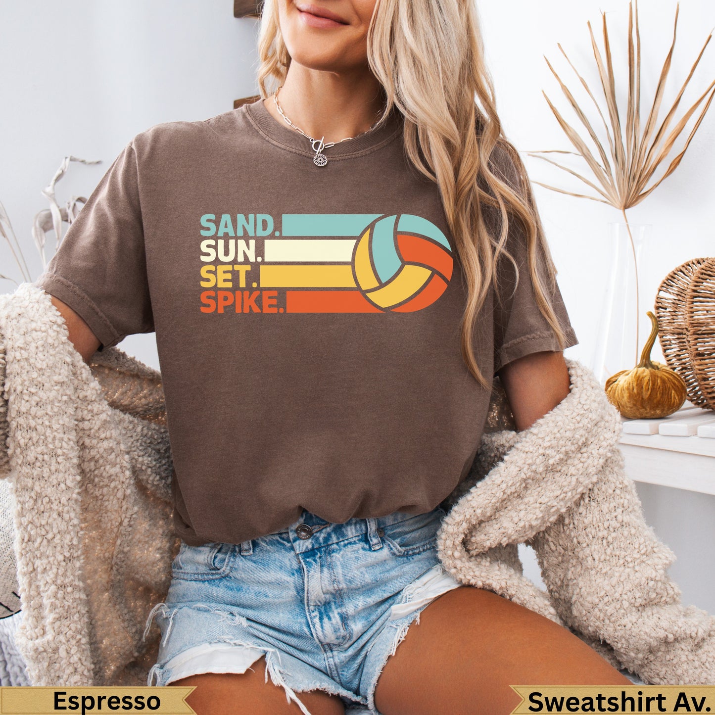 Brown t-shirt with vintage volleyball graphic and text: SAND. SUN. SET. SPIKE.