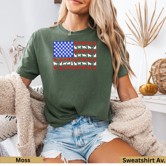 Green t-shirt with a USA flag pattern made of white cat silhouettes.