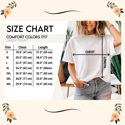 Size chart for Comfort Colors 1717 unisex t-shirts with chest and length measurements.