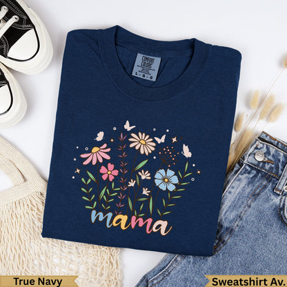 Navy t-shirt with "mama" and floral design, size L.