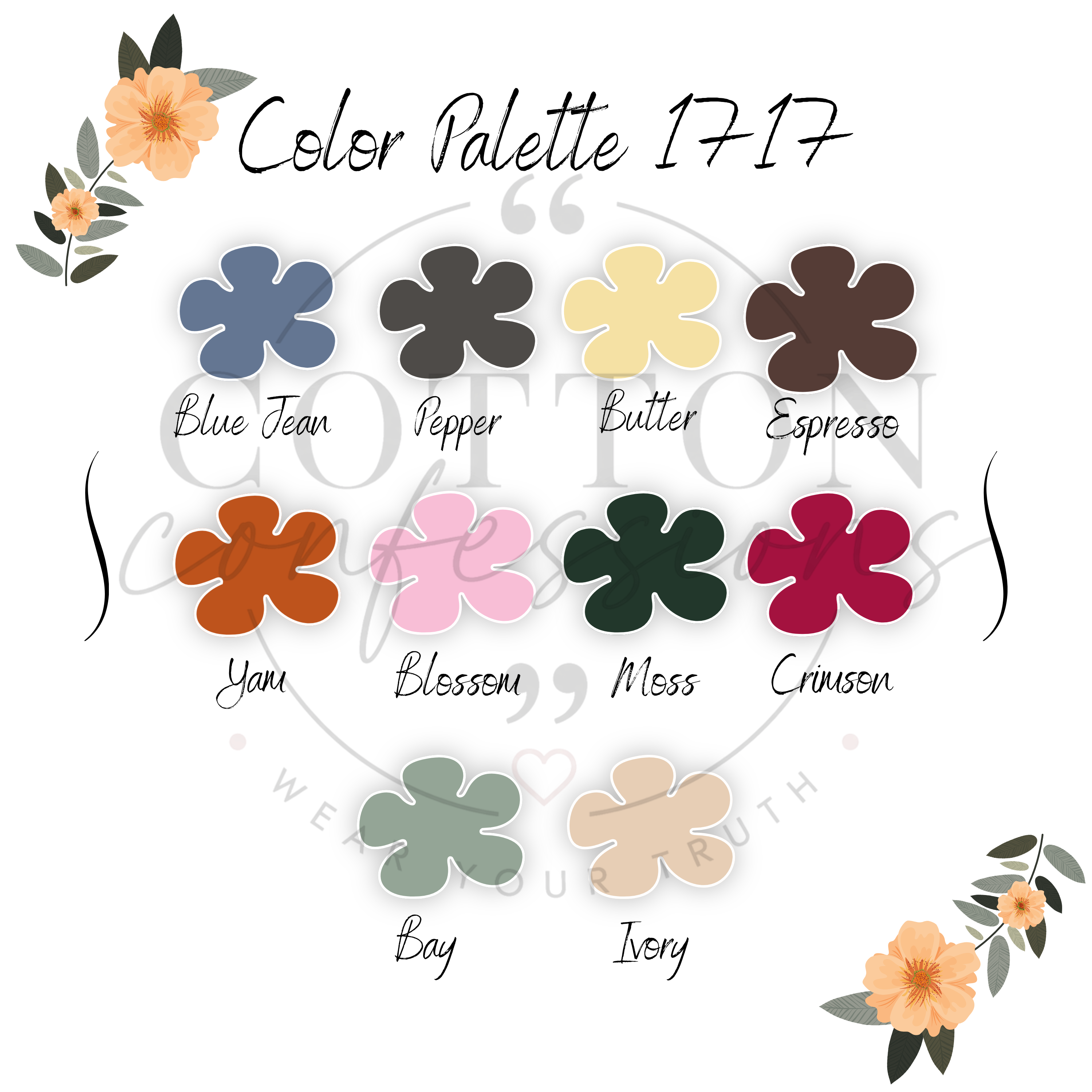 Color palette 1717 with swatches labeled Blue Jean, Pepper, Butter, Espresso, Yam, Blossom, Moss, Crimson, Bay, and Ivory.