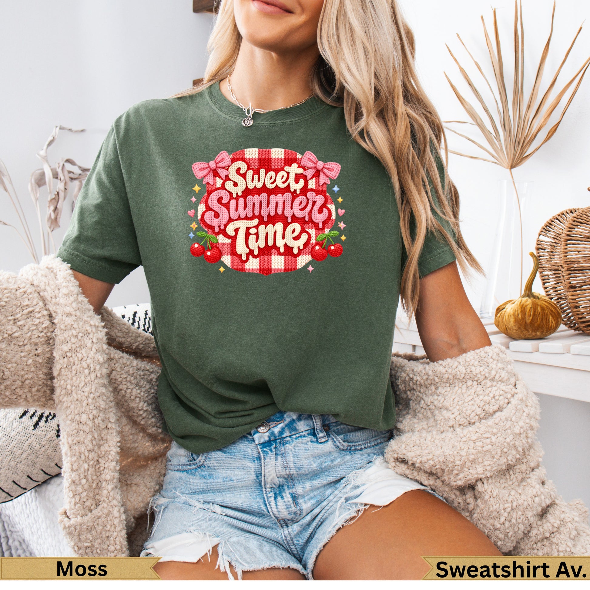 Green t-shirt with "Sweet Summer Time" text and cherry graphics.