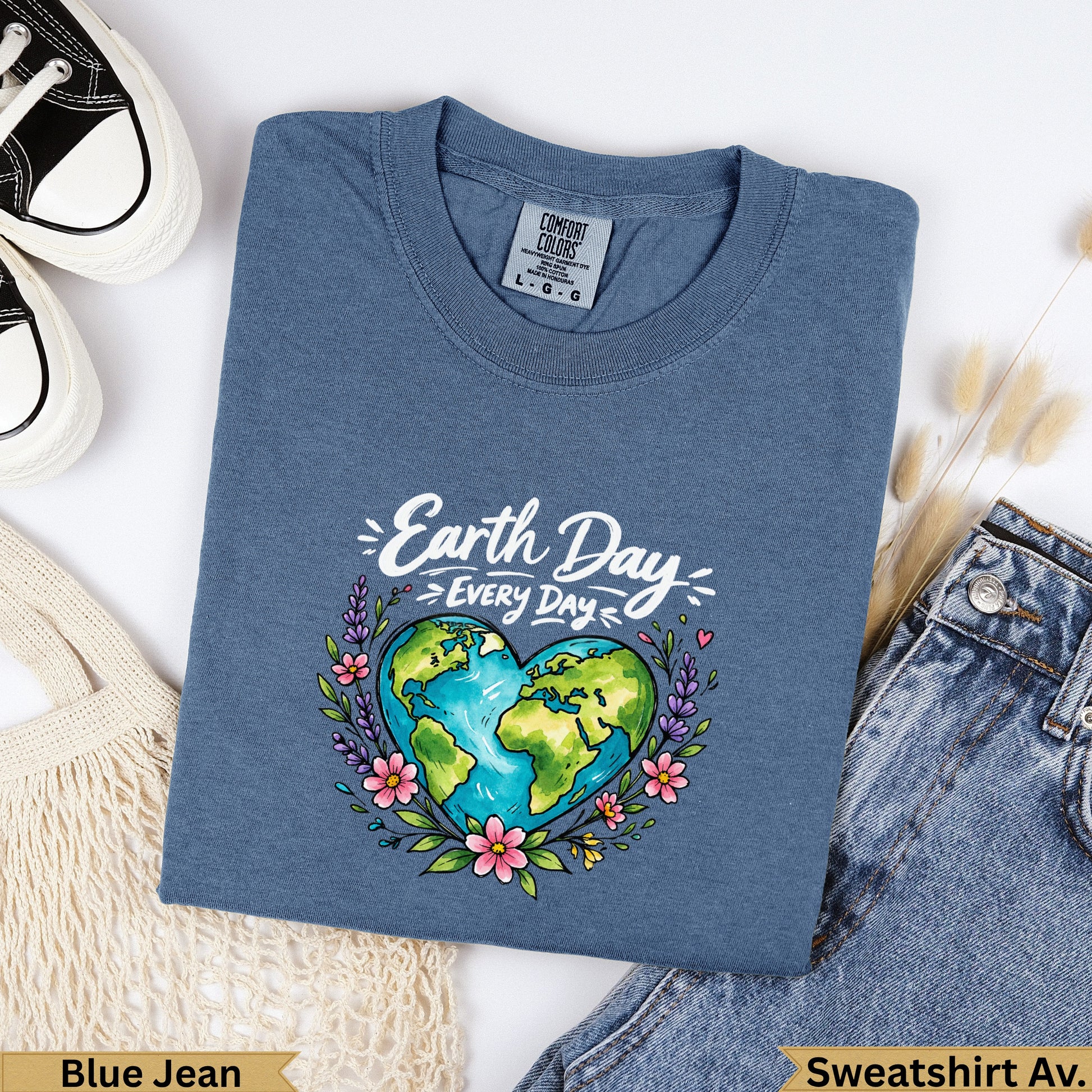 Blue Jean Comfort Colors Earth Day heart graphic sweatshirt.