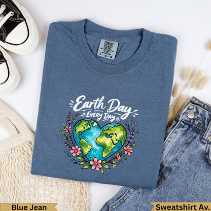 Blue Jean Comfort Colors Earth Day heart graphic sweatshirt.