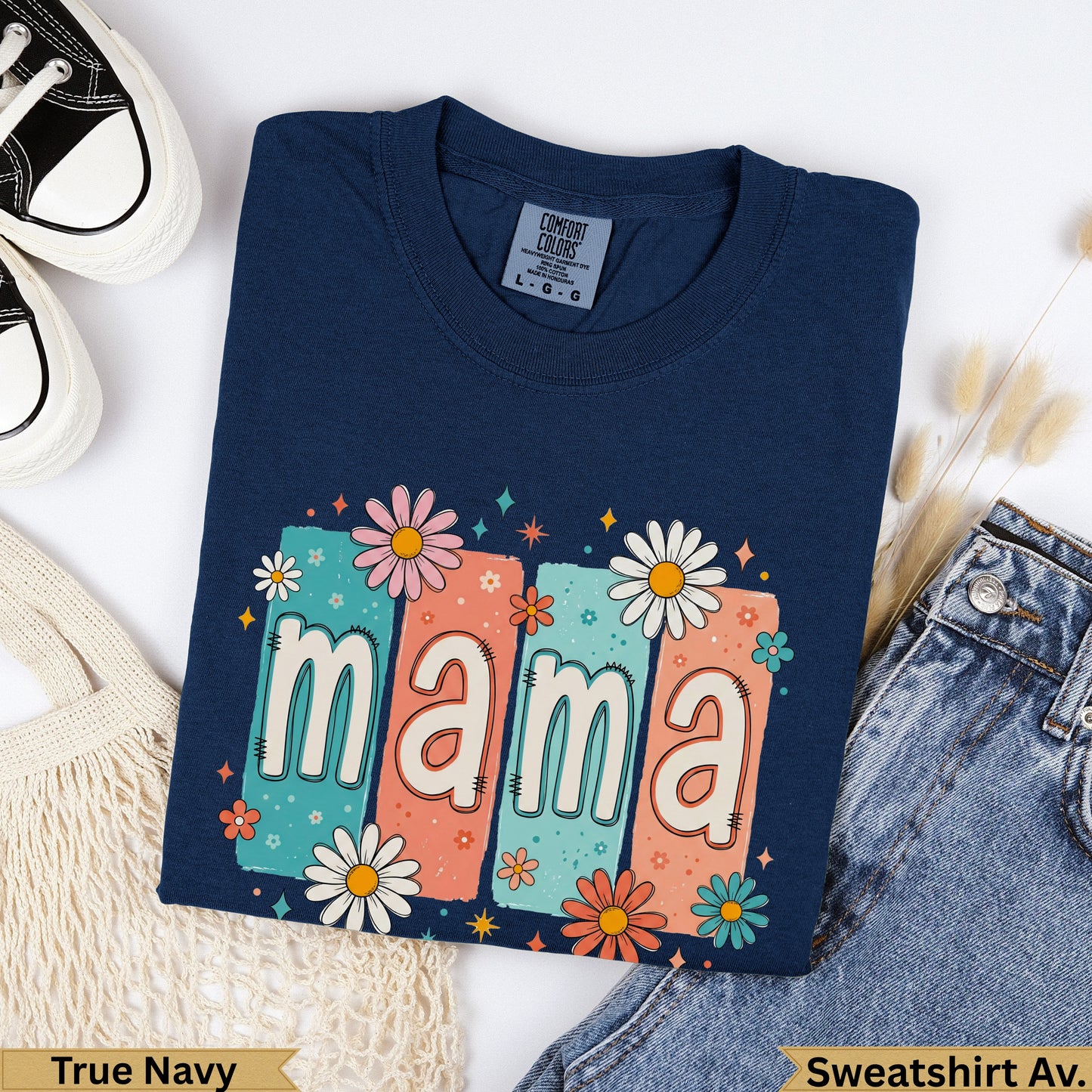 Navy blue Comfort Colors sweatshirt with "mama" in floral block letters.