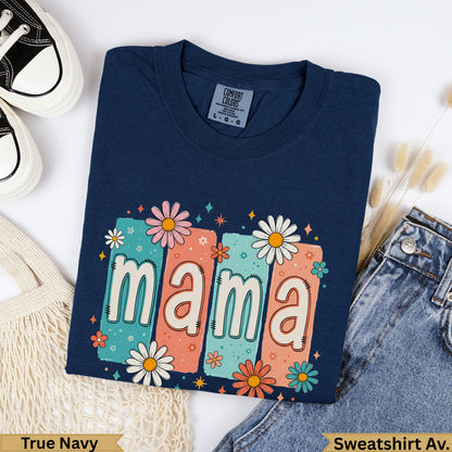Navy blue Comfort Colors sweatshirt with "mama" in floral block letters.