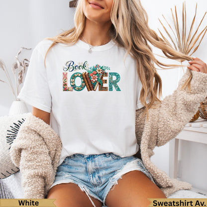 White t-shirt with "Book Lover" text and floral design.