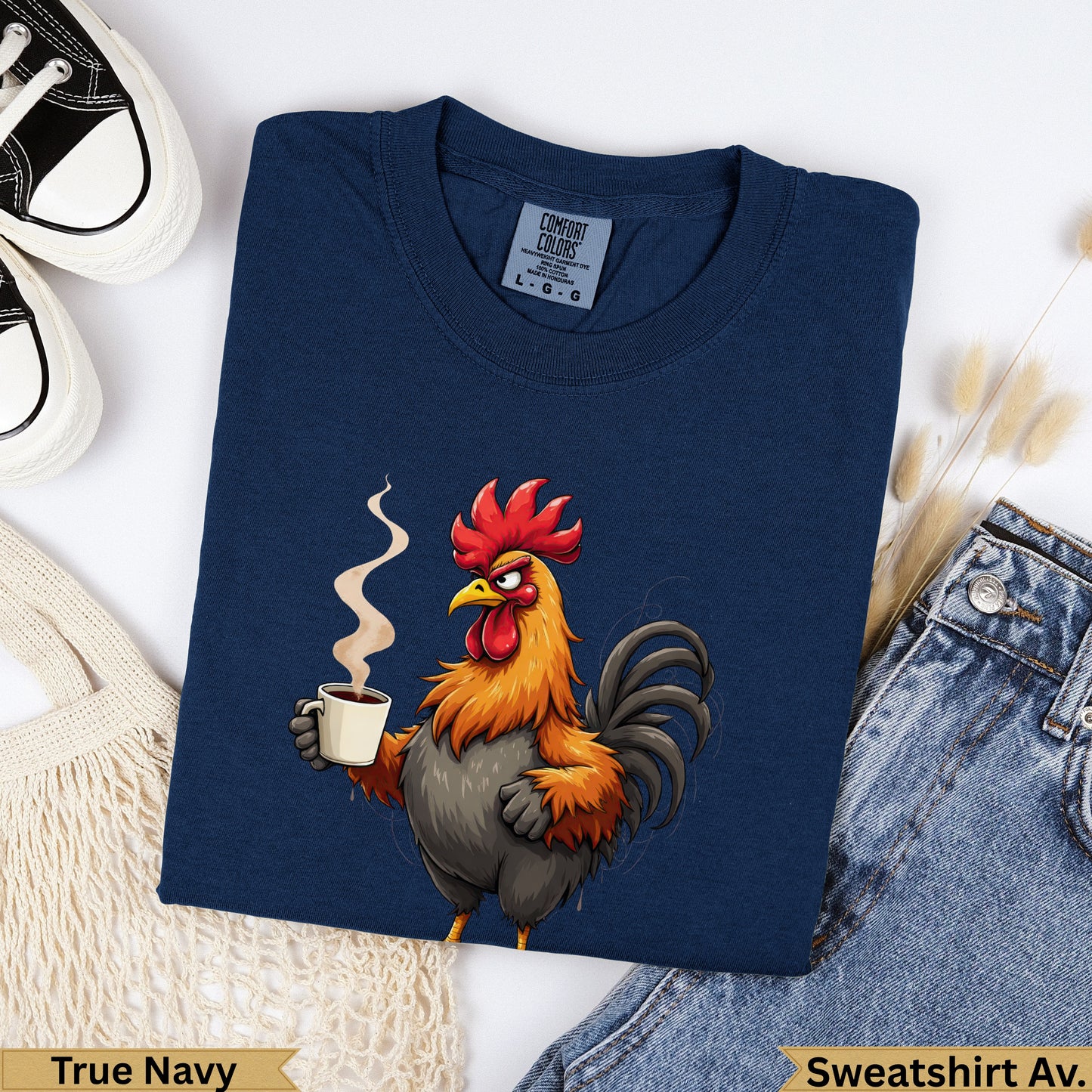 Rooster drinking coffee graphic on a navy blue t-shirt.