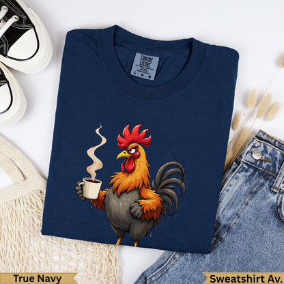 Rooster drinking coffee graphic on a navy blue t-shirt.