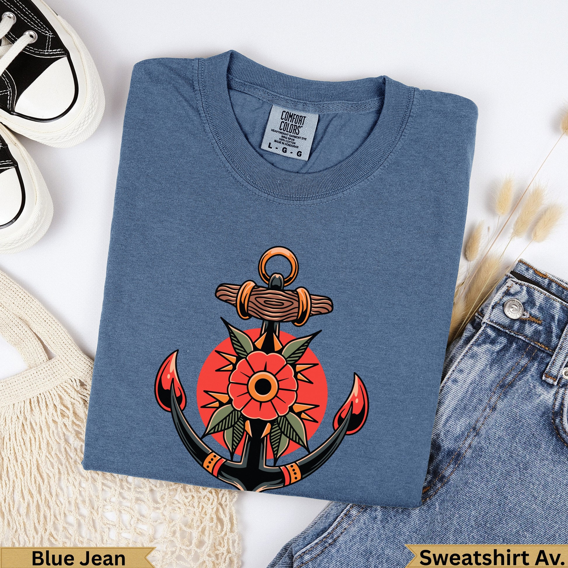 Blue Jean Comfort Colors t-shirt with anchor and flower design.