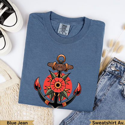 Blue Jean Comfort Colors t-shirt with anchor and flower design.