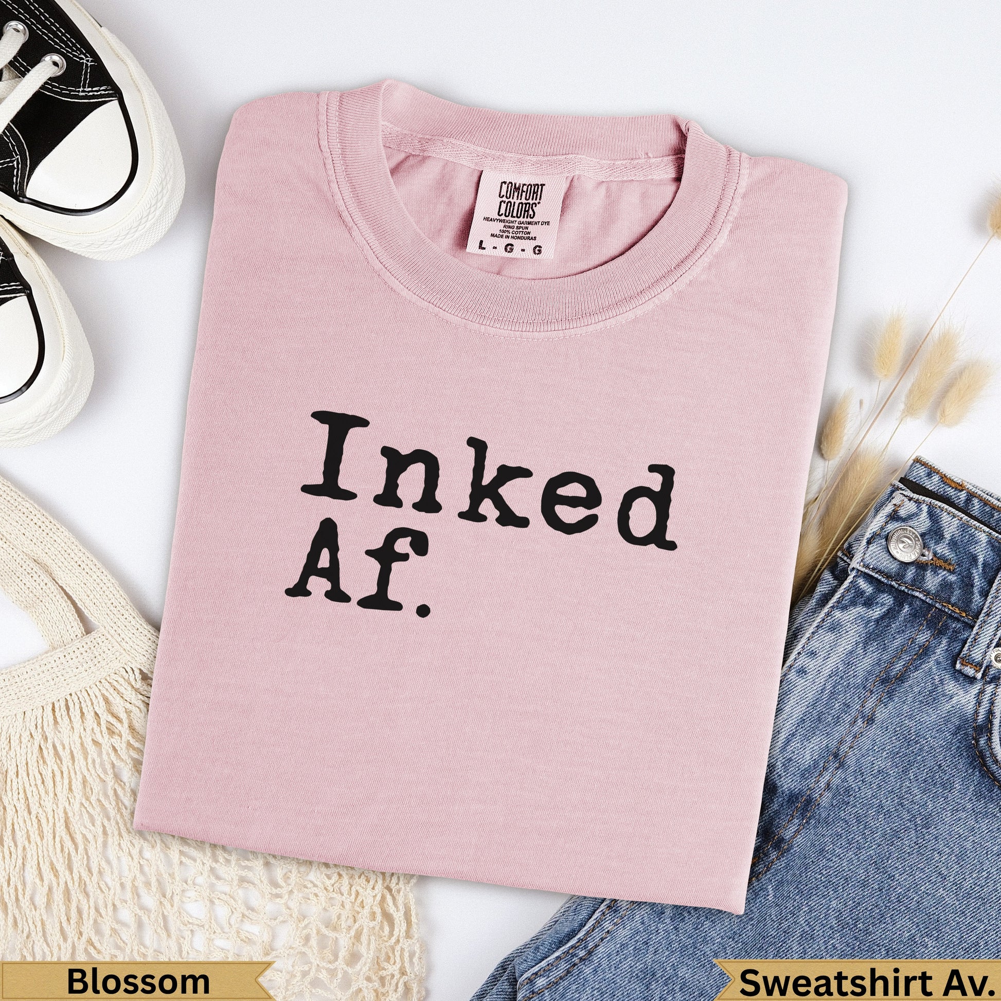 Dusty rose Comfort Colors t-shirt with "Inked Af." graphic.