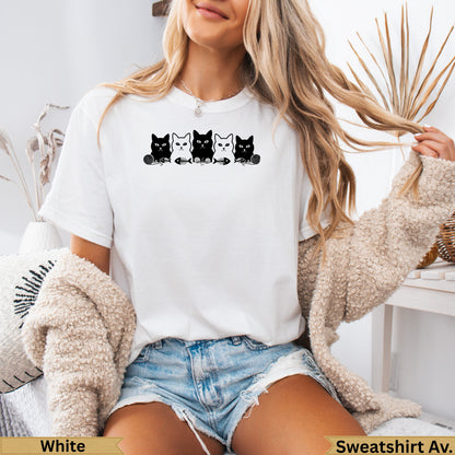 White t-shirt with black cat graphic and "Sweatshirt Av." text.
