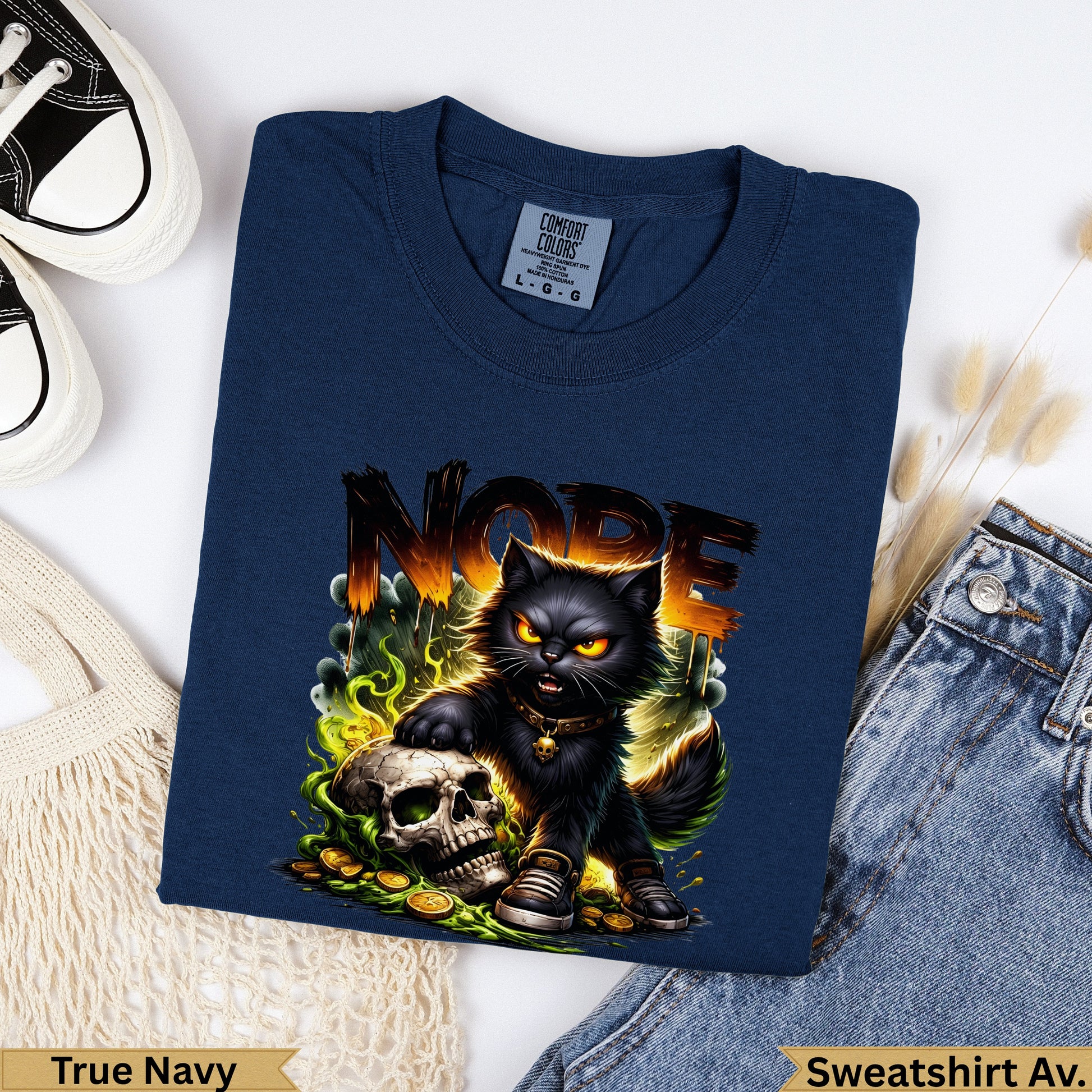 Navy crewneck sweatshirt with black cat, skull, and "NOPE" text.