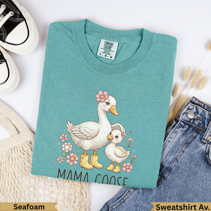 Teal t-shirt with "MAMA GOOSE" and goose illustration, Seafoam color.