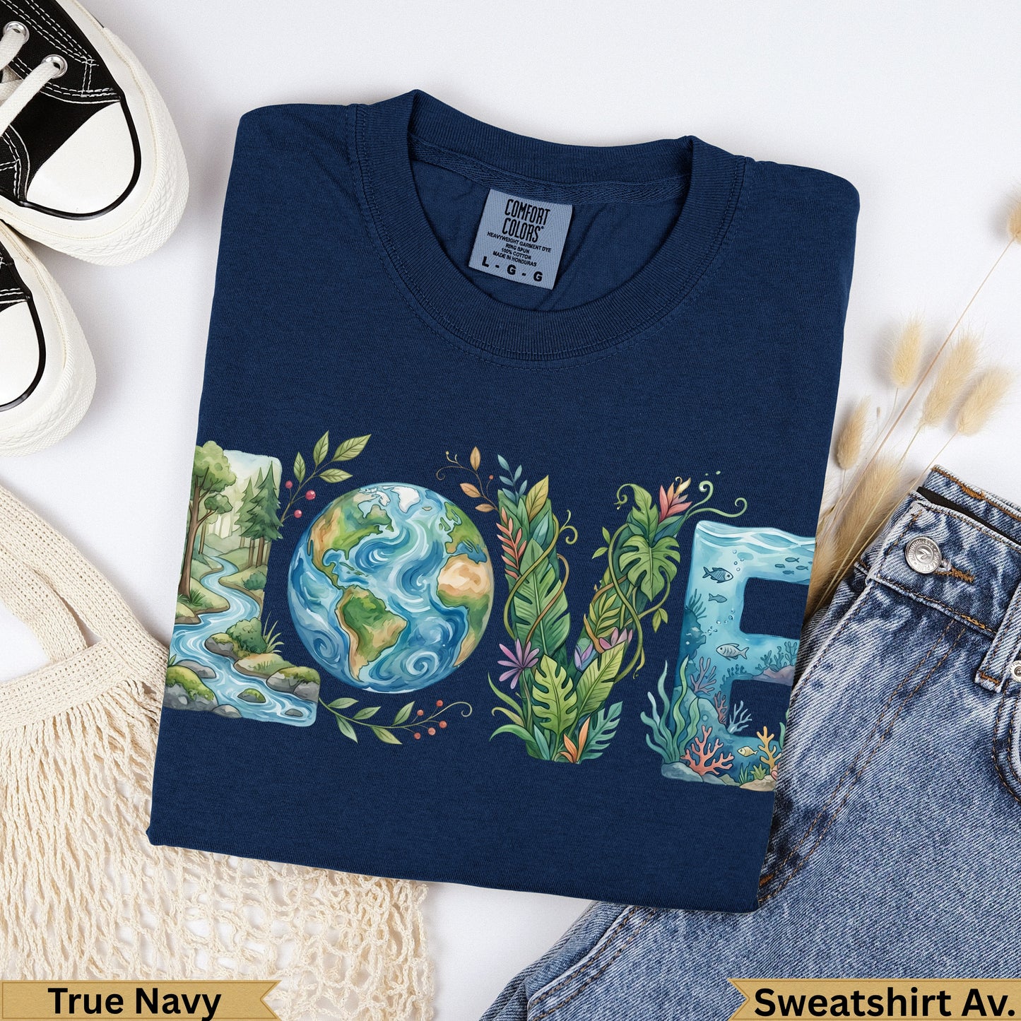 Navy sweatshirt with "LOVE" formed from Earth, plants, water, and fish.