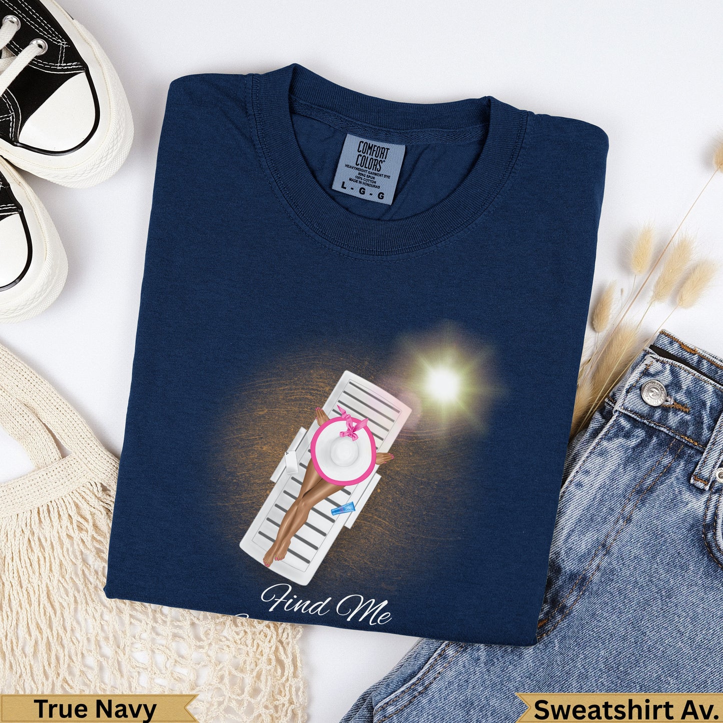 Navy blue Comfort Colors sweatshirt with "Find Me" text and beach chair graphic.