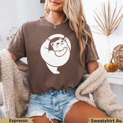Brown sweatshirt with a white cat doing yoga pose on the front.