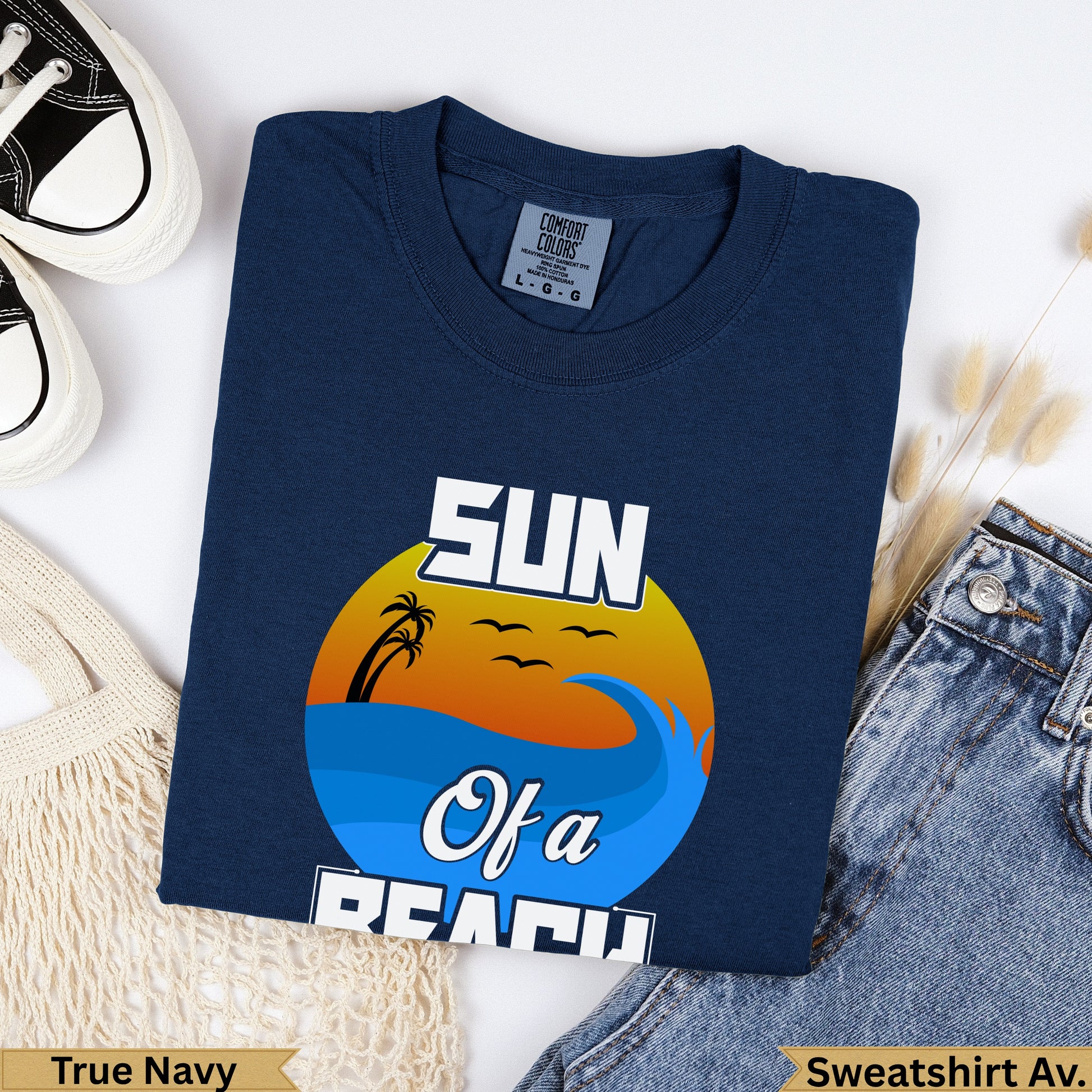 Navy sweatshirt with "Sun Of A Beach" graphic and palm tree at sunset.