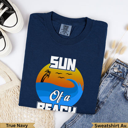 Navy sweatshirt with "Sun Of A Beach" graphic and palm tree at sunset.