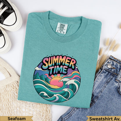 Teal t-shirt with "Summer Time" graphic of sun and waves, labeled "Seafoam".