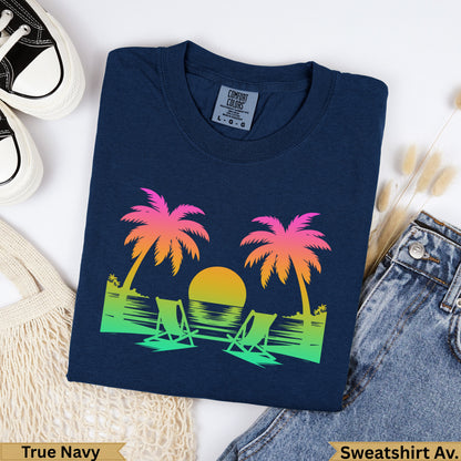 Navy t-shirt with tropical sunset graphic and "True Navy" text.