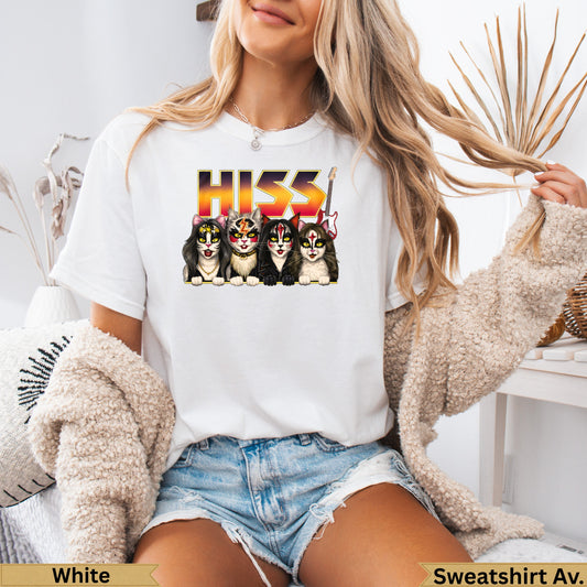 White t-shirt with four cats in KISS makeup and "HISS" logo.
