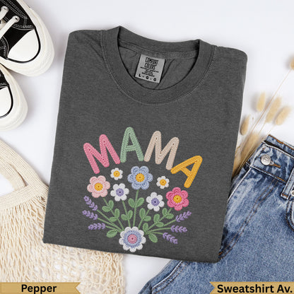 Dark gray sweatshirt with "MAMA" and colorful floral embroidery.