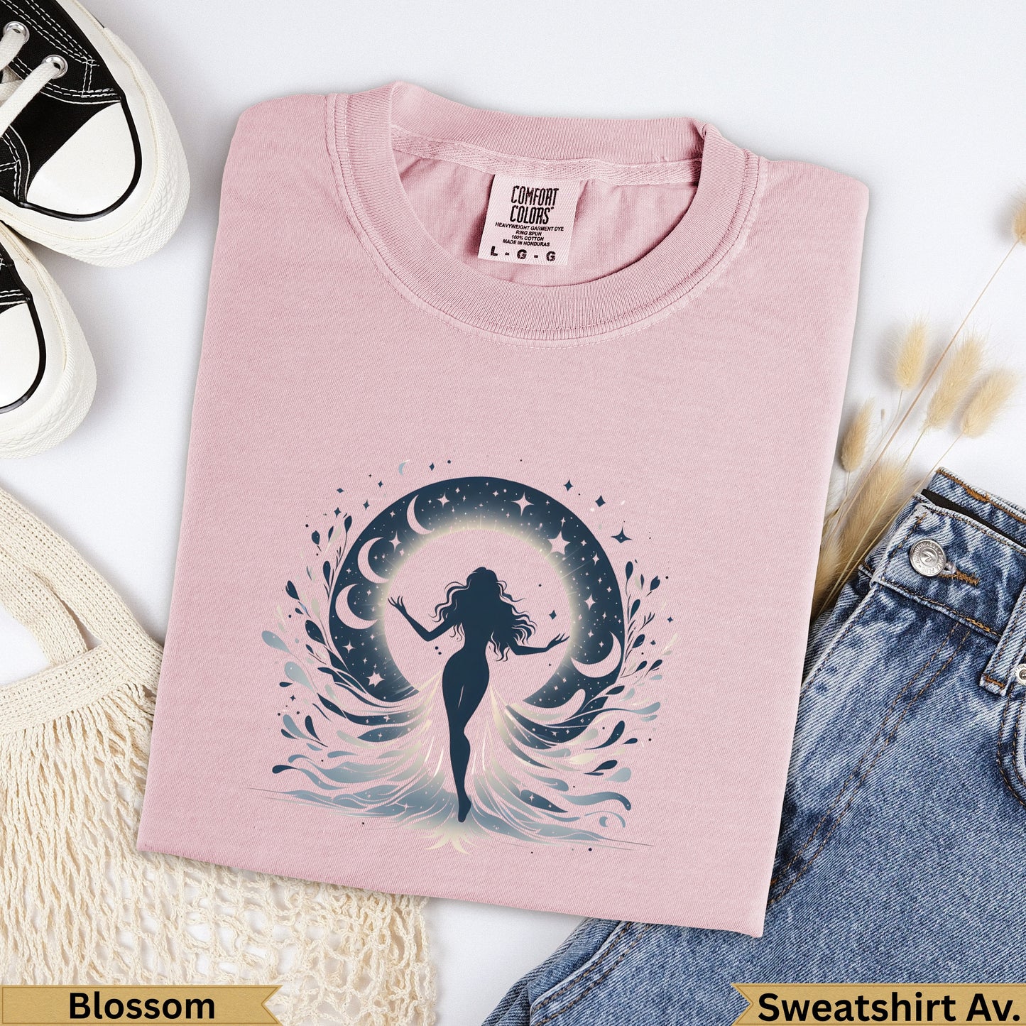 Blossom pink t-shirt with celestial woman graphic and moons.