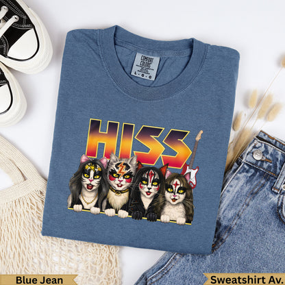 Four cats with KISS-inspired makeup and a guitar, text reads "HISS".