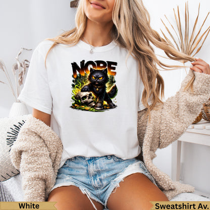 White t-shirt with a black cat skull and "NOPE" text graphic.