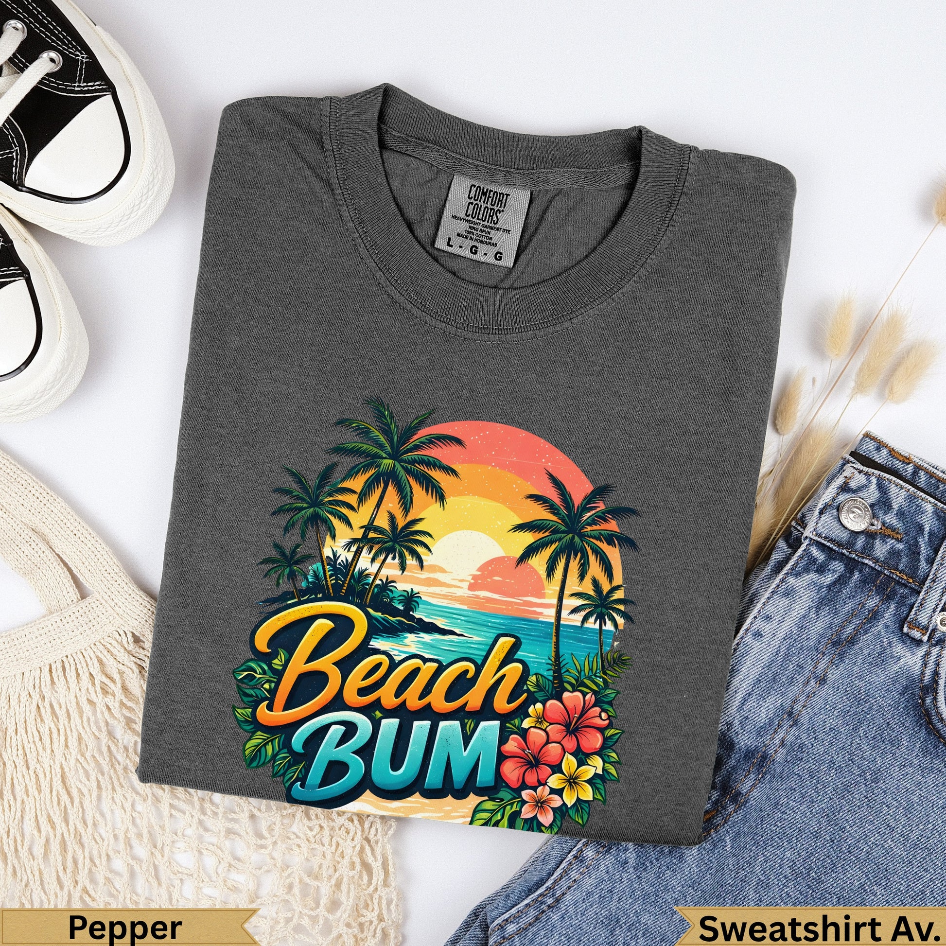 Dark grey Comfort Colors sweatshirt with "Beach BUM" graphic and palm trees.