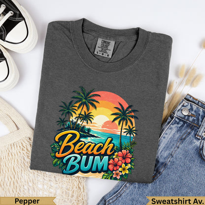 Dark grey Comfort Colors sweatshirt with "Beach BUM" graphic and palm trees.