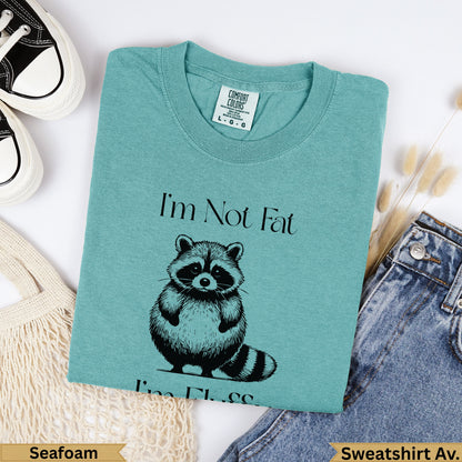 Teal sweatshirt with "I'm Not Fat" and a raccoon graphic.