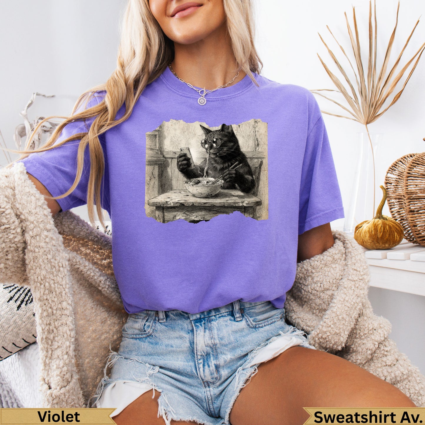 Black cat in vintage illustration eating spaghetti on a purple t-shirt.