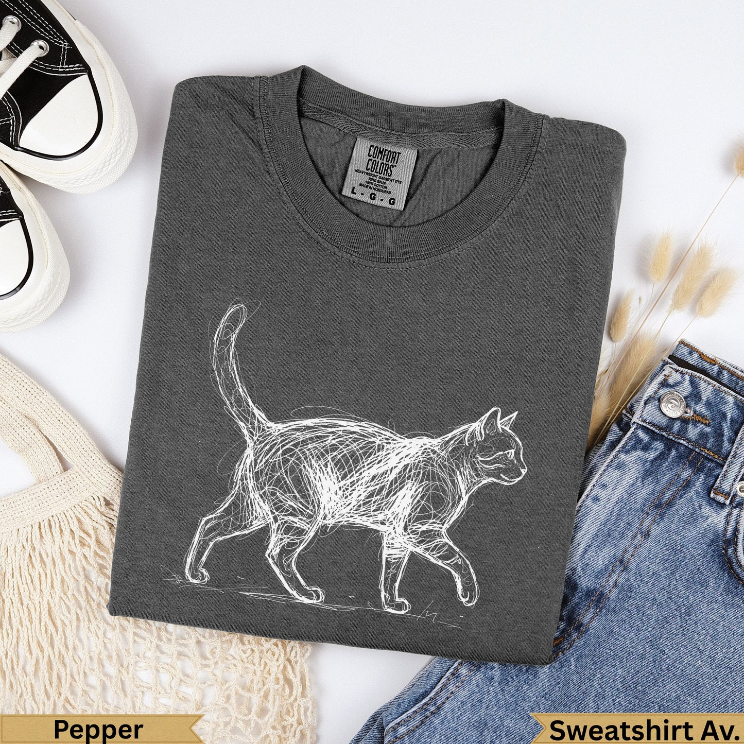 Dark grey Comfort Colors sweatshirt with a sketched white cat print and "Pepper" text.