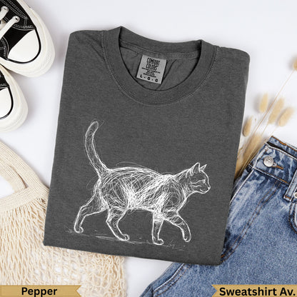 Dark grey Comfort Colors sweatshirt with a sketched white cat print and "Pepper" text.