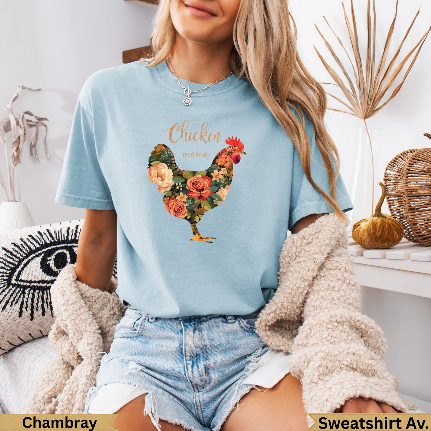 Light blue t-shirt with floral chicken graphic and "Chicken Mama" text.