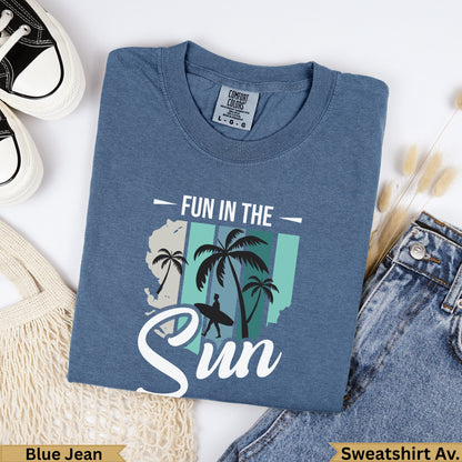 Blue Jean sweatshirt with "FUN IN THE Sun" graphic featuring palm trees and a surfboard.