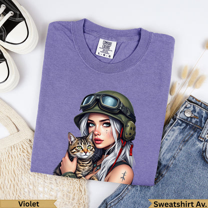 Purple sweatshirt with military-themed woman and cat graphic.