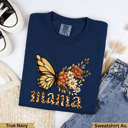 Navy t-shirt with "Mama" text and a butterfly with floral accents.