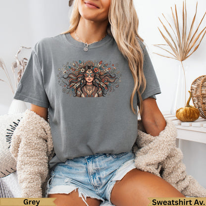 Grey graphic t-shirt with a woman's portrait and floral design.