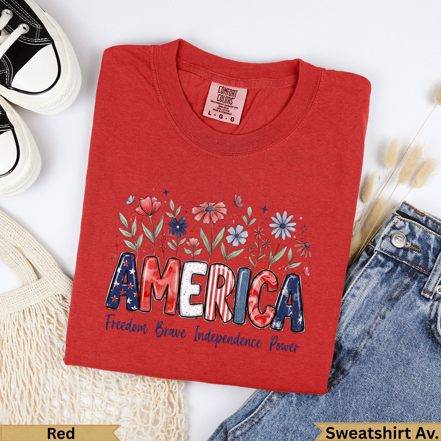 Red t-shirt with "AMERICA" graphic, "Freedom Brave Independence Power" text.