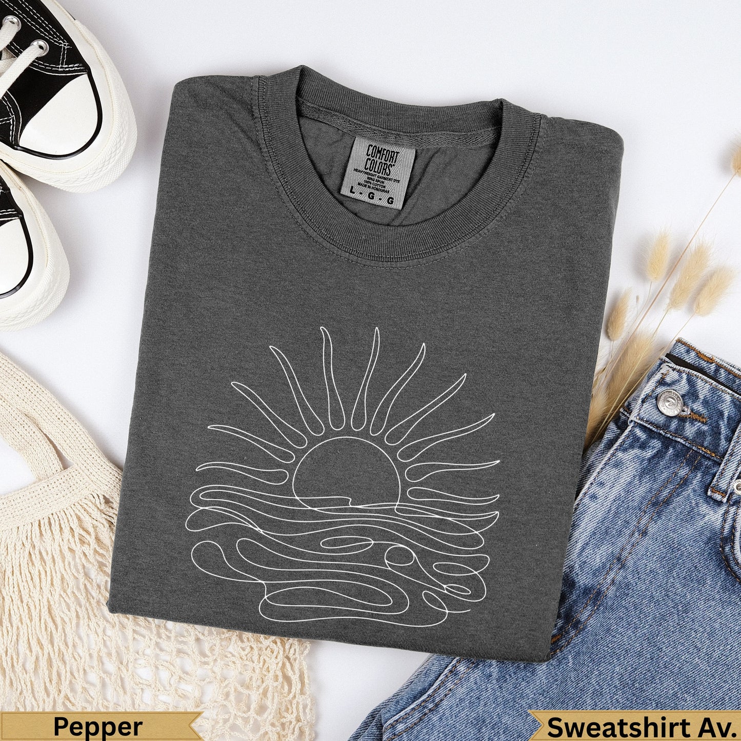 Dark grey Comfort Colors sweatshirt with white sun and wave graphic, size L.